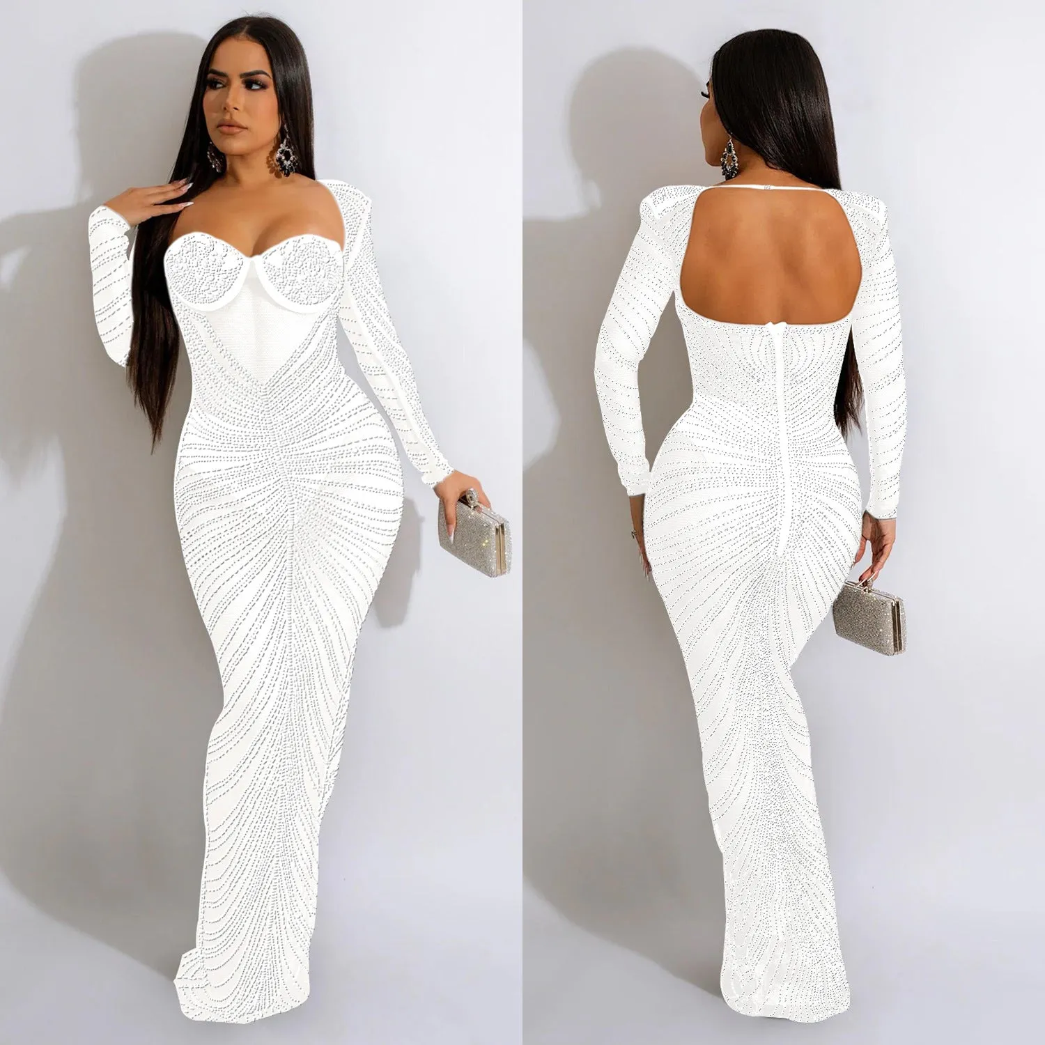 Fashionable Rhinestone Mesh Sheer Long Sleeve Maxi Sparkly Dress