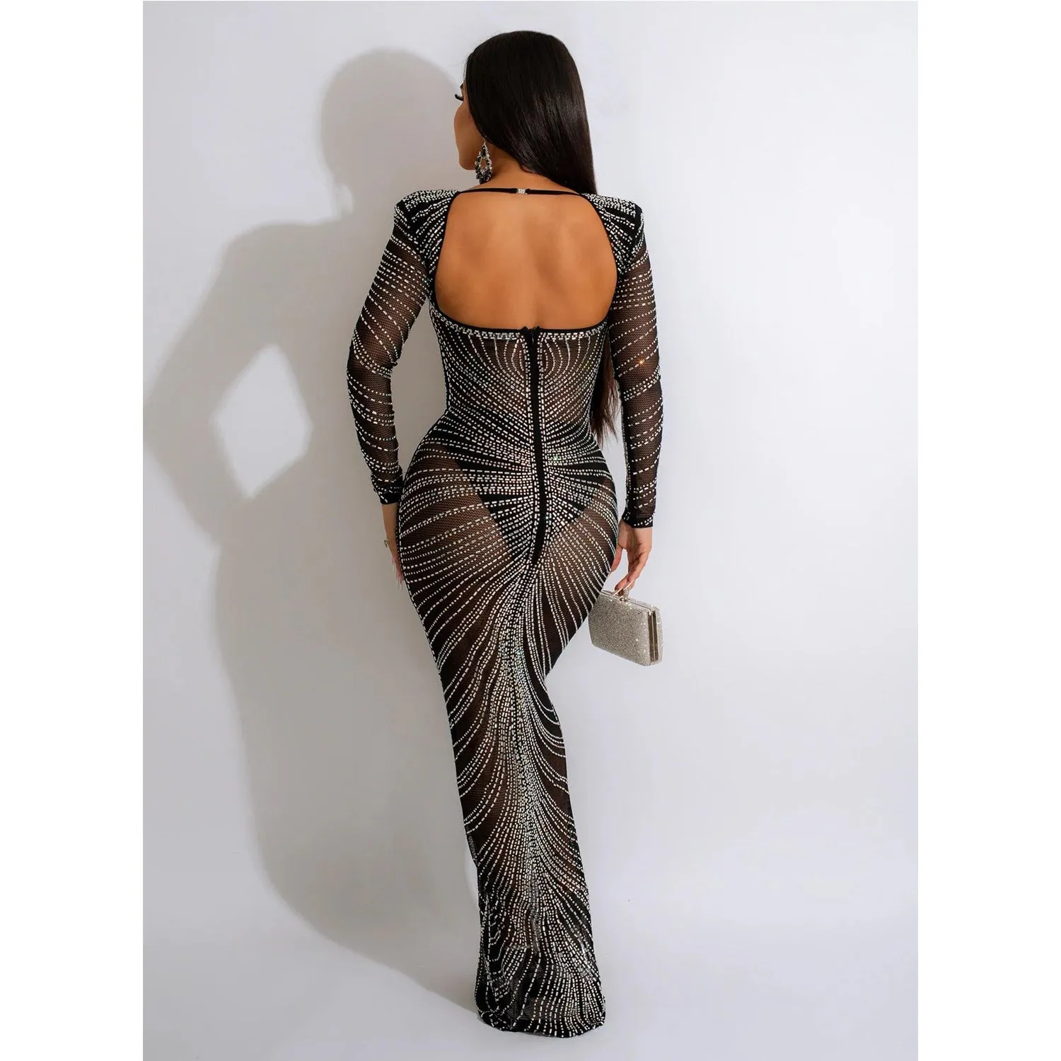 Fashionable Rhinestone Mesh Sheer Long Sleeve Maxi Sparkly Dress
