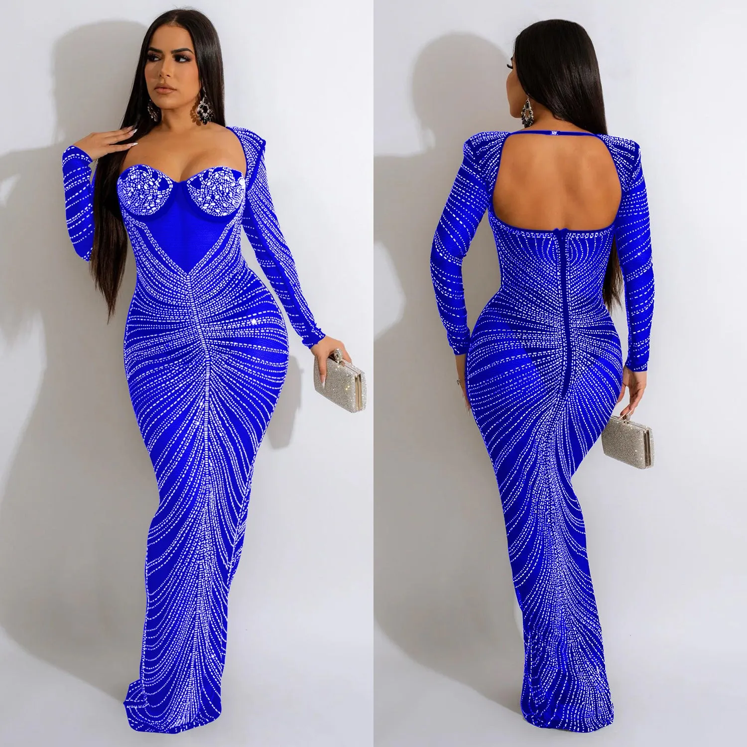 Fashionable Rhinestone Mesh Sheer Long Sleeve Maxi Sparkly Dress