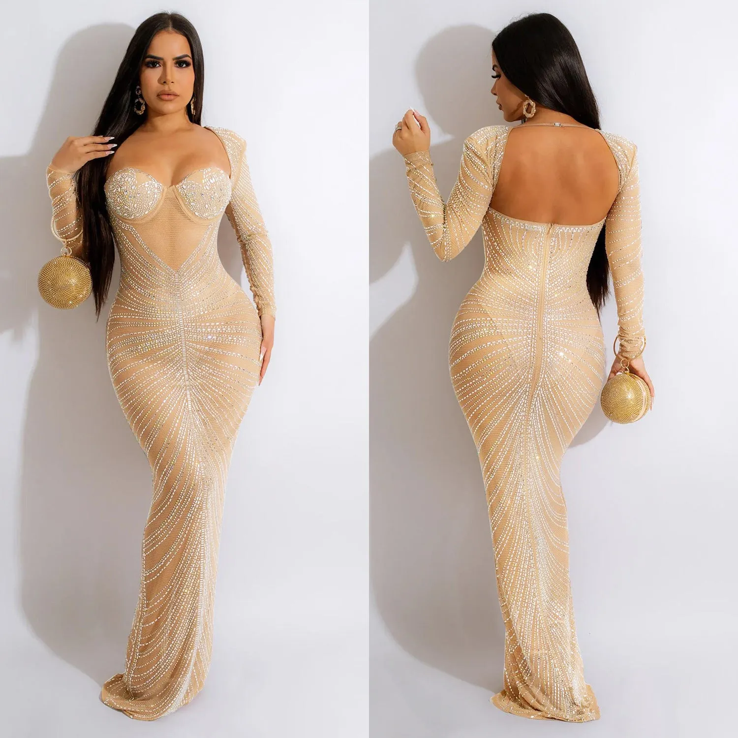 Fashionable Rhinestone Mesh Sheer Long Sleeve Maxi Sparkly Dress