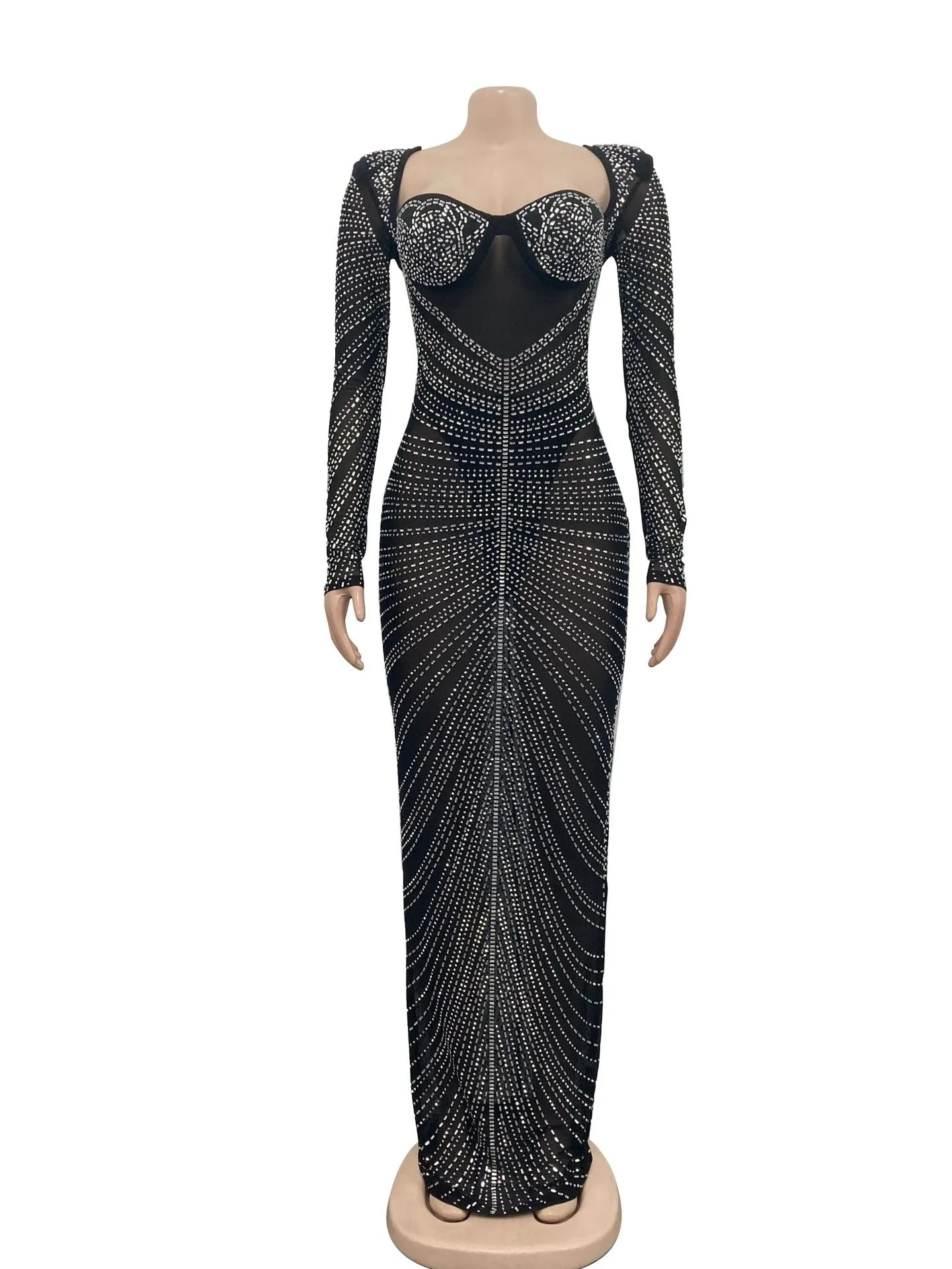 Fashionable Rhinestone Mesh Sheer Long Sleeve Maxi Sparkly Dress