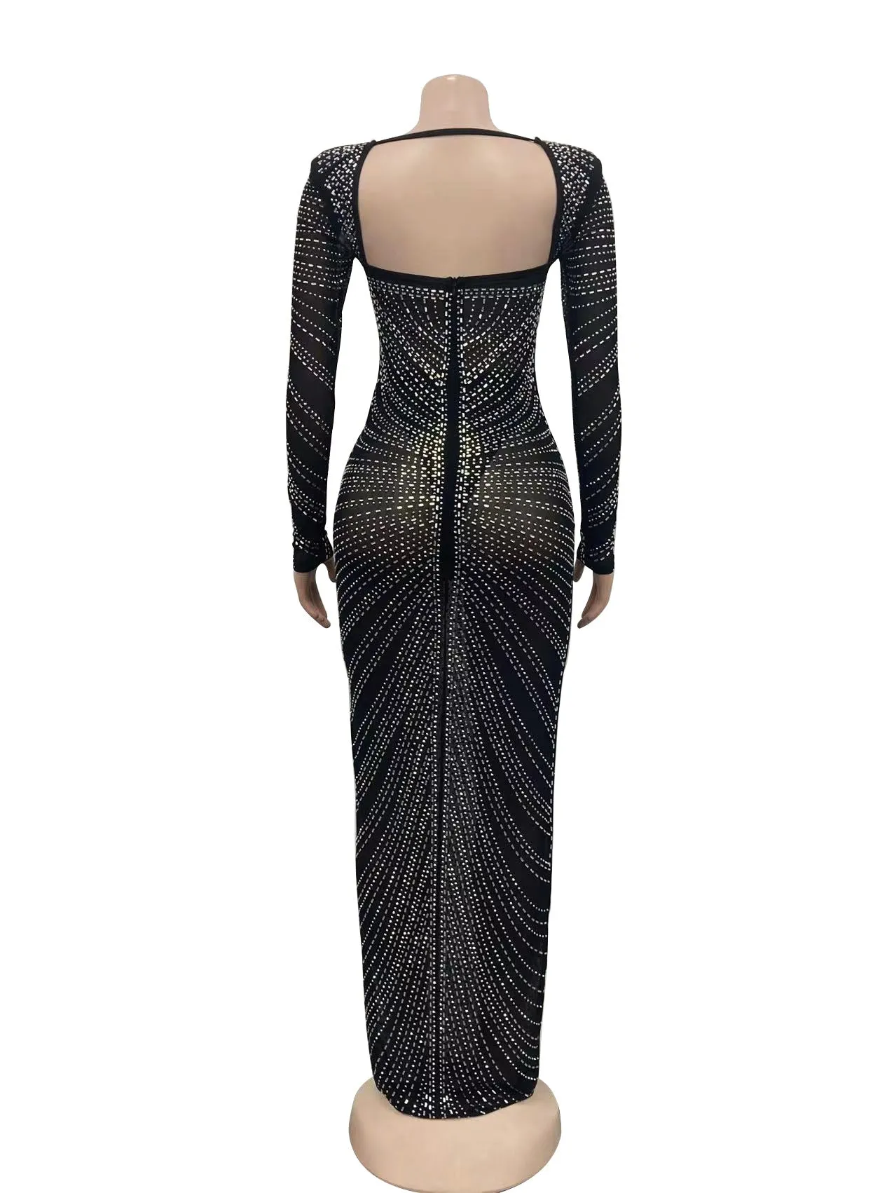 Fashionable Rhinestone Mesh Sheer Long Sleeve Maxi Sparkly Dress
