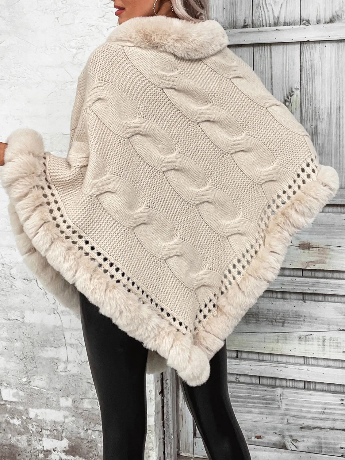 Faux Fur Trim Cable-Knit Poncho | Casual Woman's Knitted Acrylic Poncho