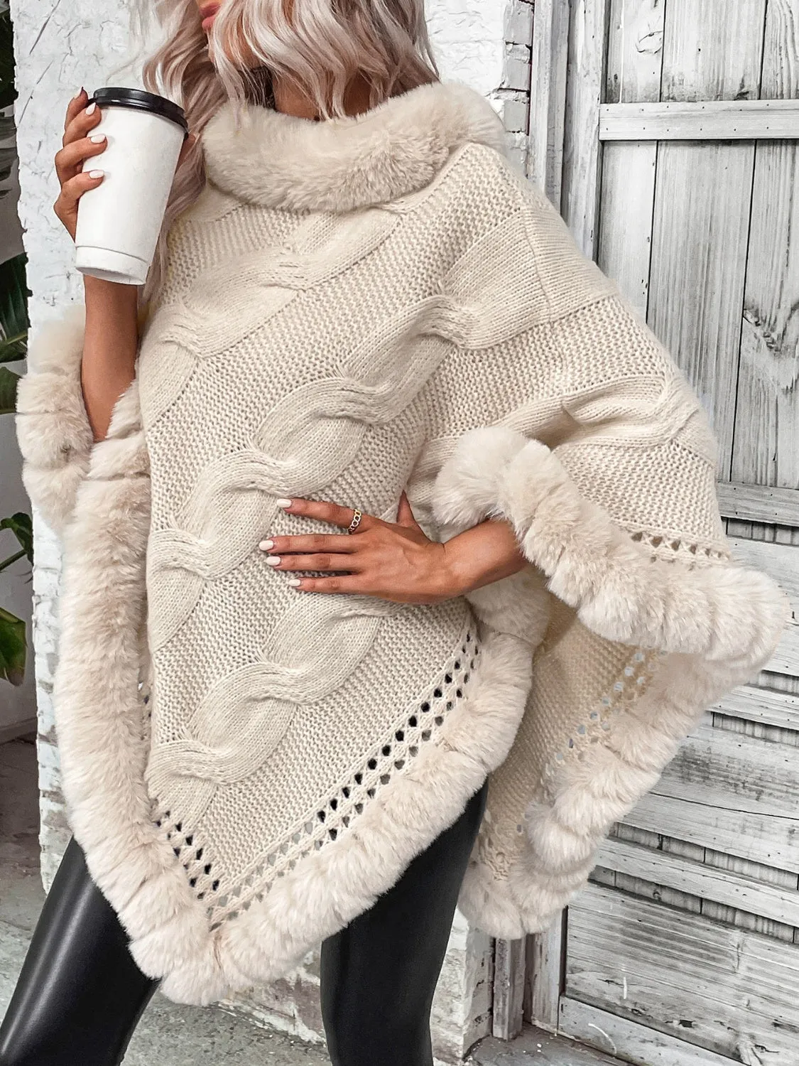 Faux Fur Trim Cable-Knit Poncho | Casual Woman's Knitted Acrylic Poncho