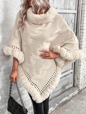 Faux Fur Trim Cable-Knit Poncho | Casual Woman's Knitted Acrylic Poncho