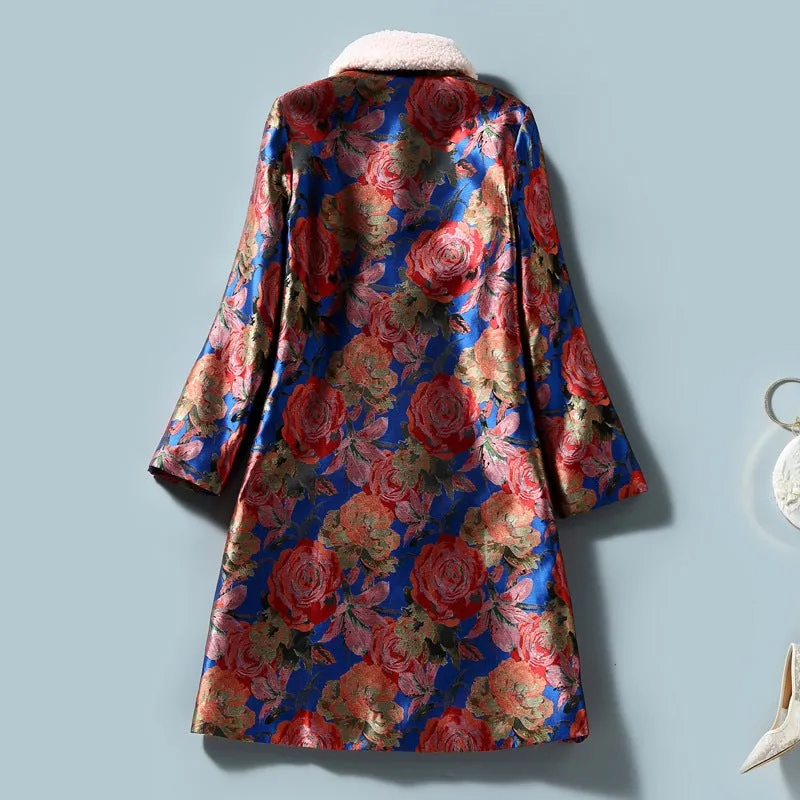 Floral Brocade Fur Collar Chinese Style Wadded Coat with Tassel