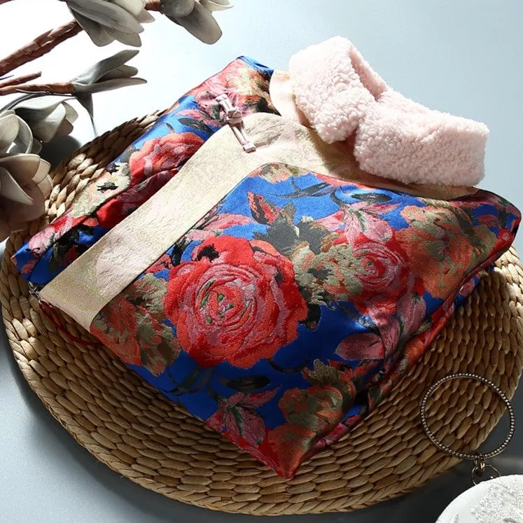 Floral Brocade Fur Collar Chinese Style Wadded Coat with Tassel