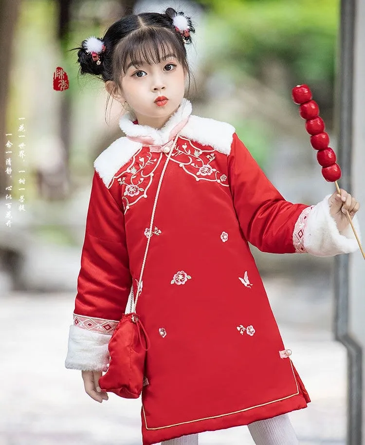 Floral Embroidery Wadded Kid's Cheongsam Traditional Chinese Dress