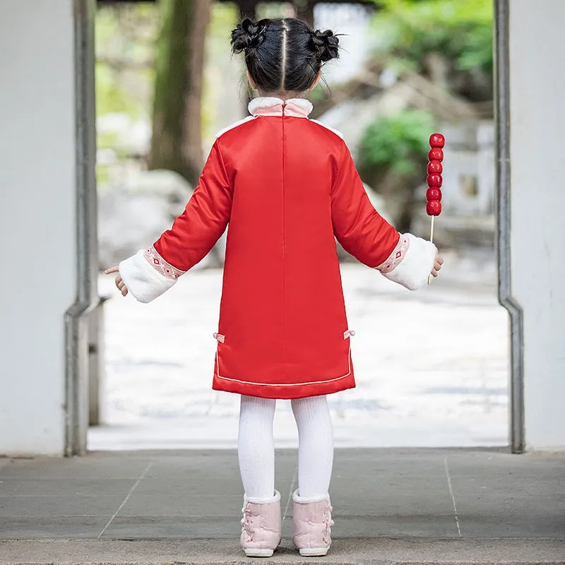 Floral Embroidery Wadded Kid's Cheongsam Traditional Chinese Dress