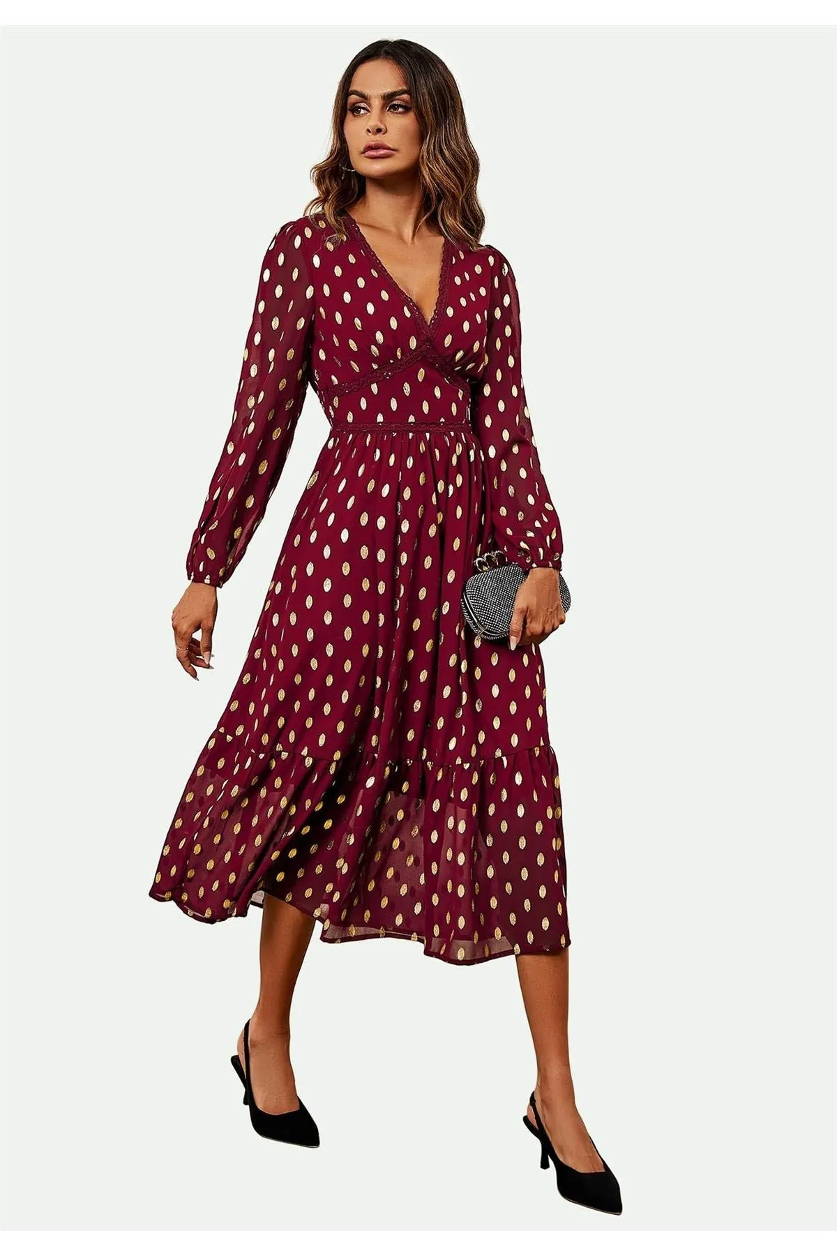 FS Collection Lace Trim Foil Long Sleeve Maxi Dress In Wine