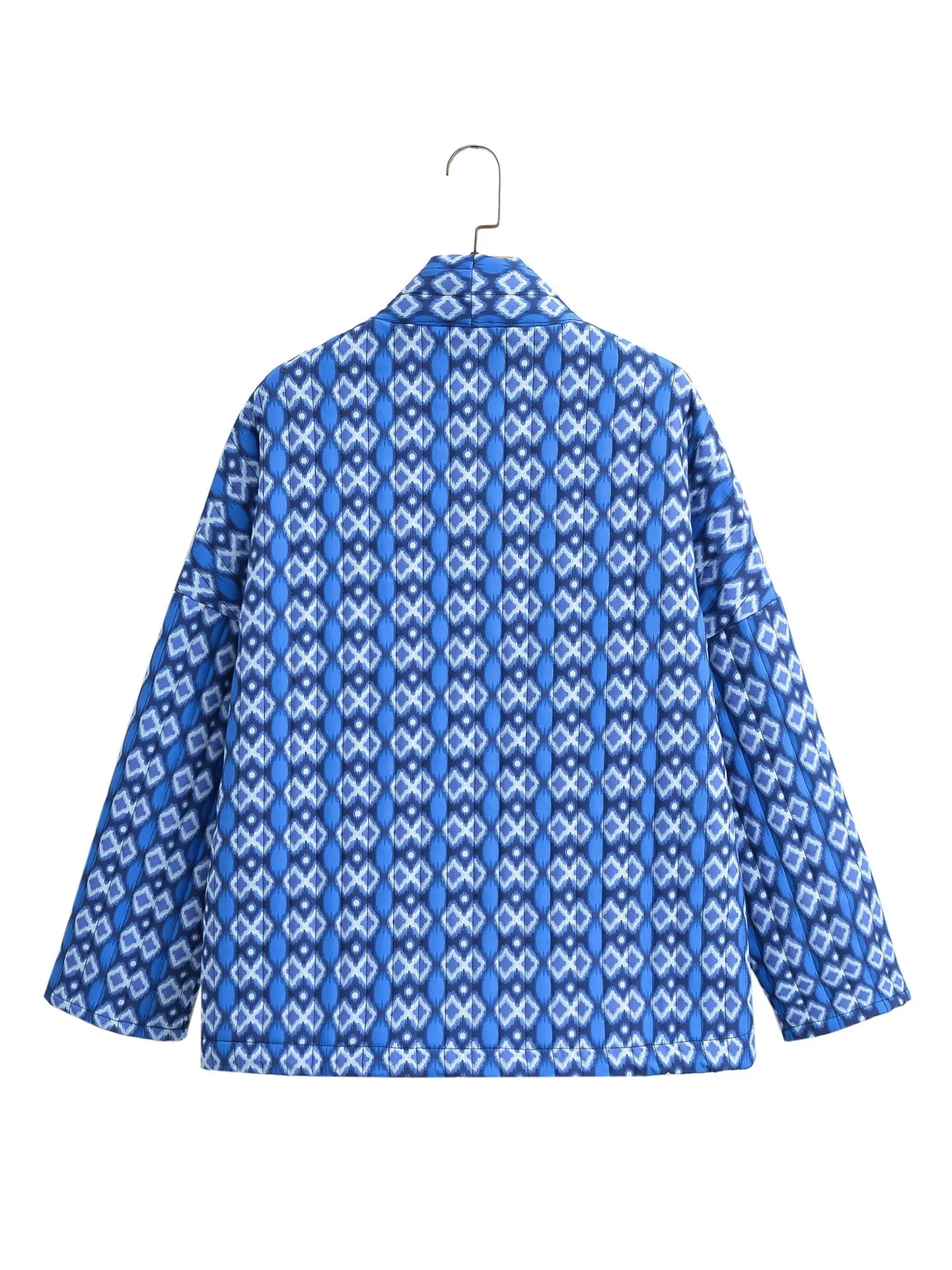 Geometric Pattern Floral Print Pockets Quilted Jacket