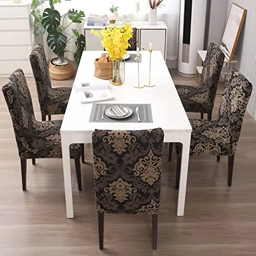 HOKIPO Polyester Blend Dining Chair Cover Set of 4 Seater Stretchable Elastic Slipcovers (Ar-4037-D2*4, Brown)