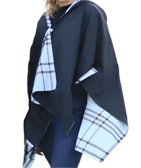 HOODED BLACK & LIGHT BLUE PLAID RAINRAP
