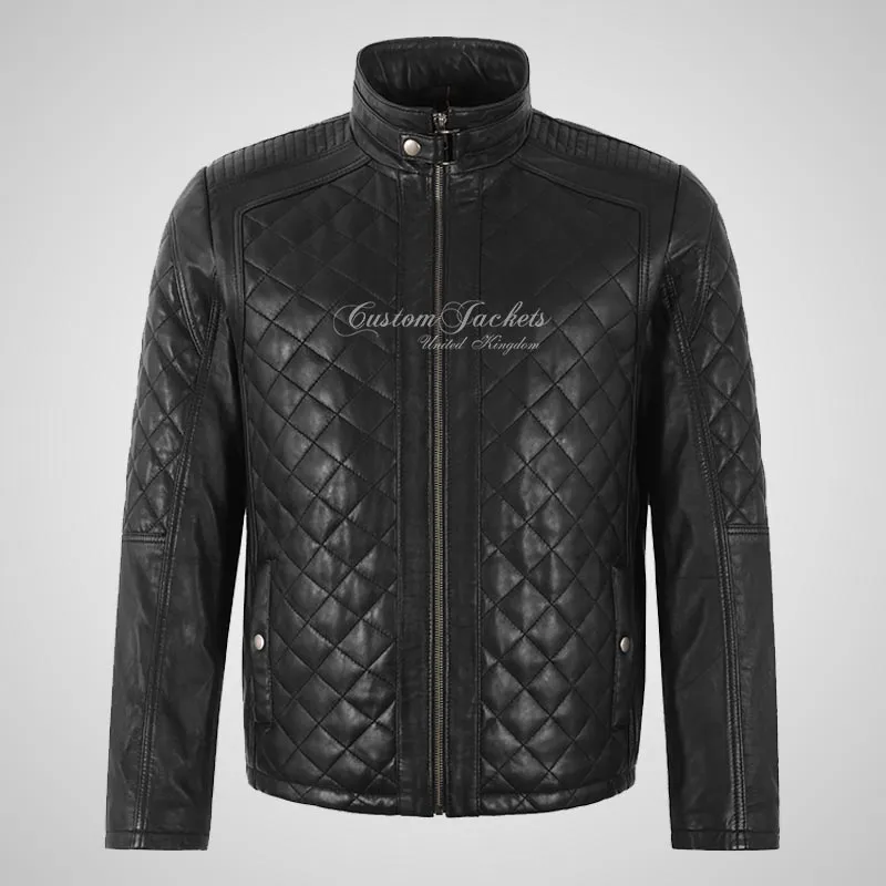 JOSH Men's Quilted Leather Jacket Black Soft Lamb Leather