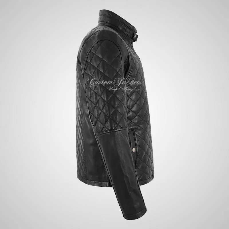 JOSH Men's Quilted Leather Jacket Black Soft Lamb Leather