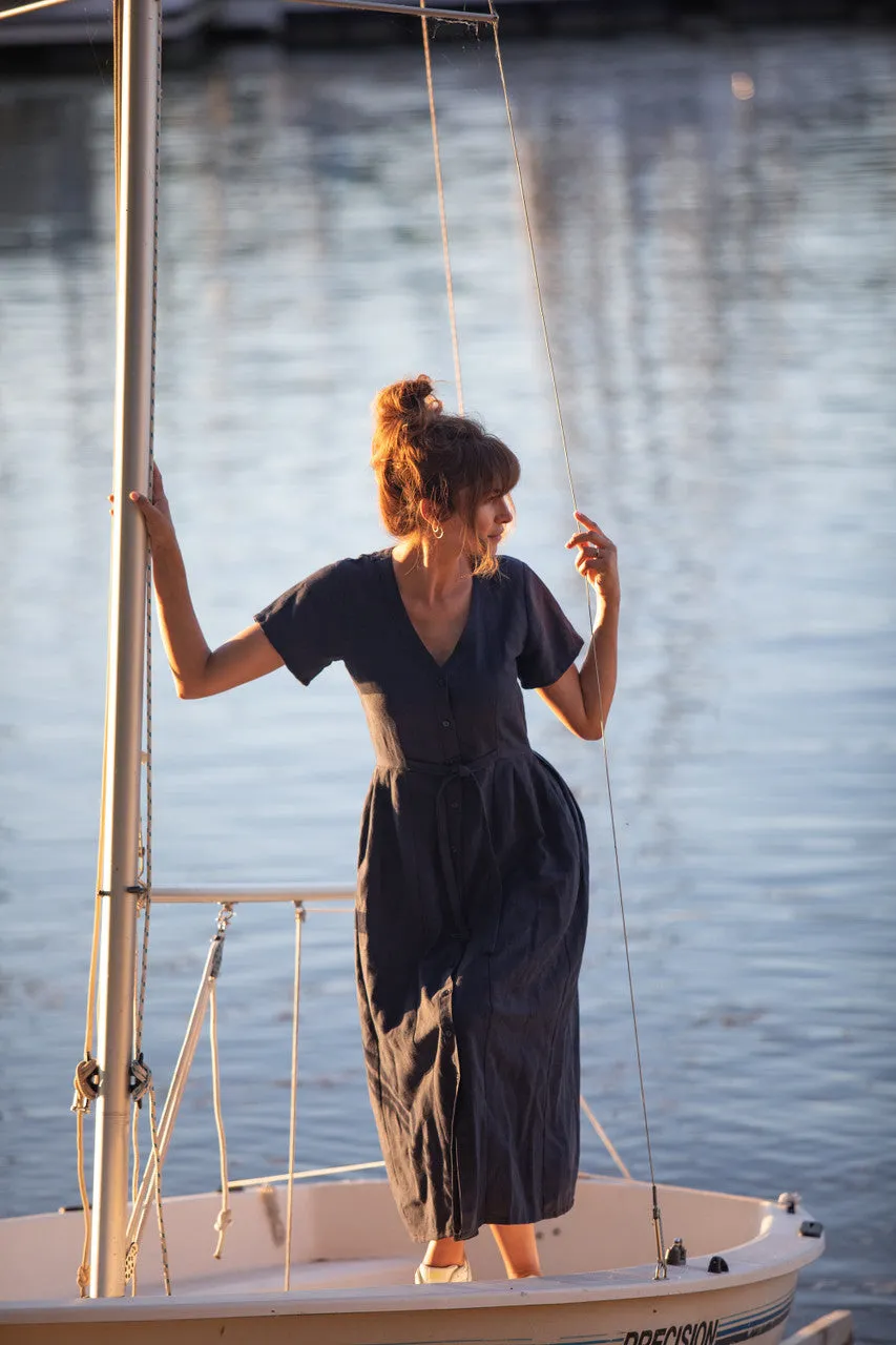 June Dress in Navy Linen Made to Order
