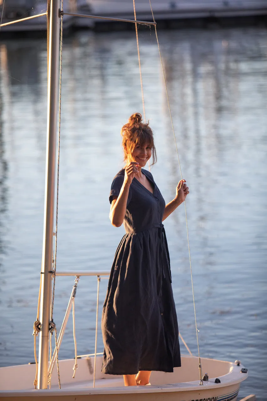 June Dress in Navy Linen Made to Order