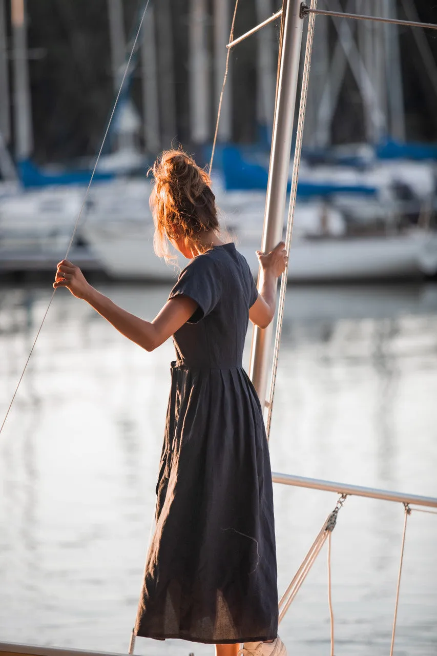 June Dress in Navy Linen Made to Order
