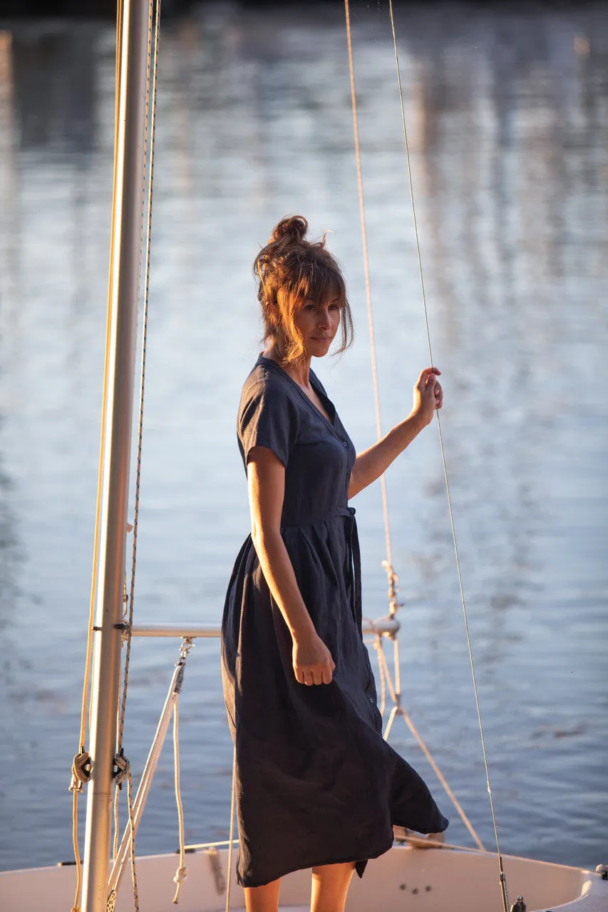 June Dress in Navy Linen Made to Order