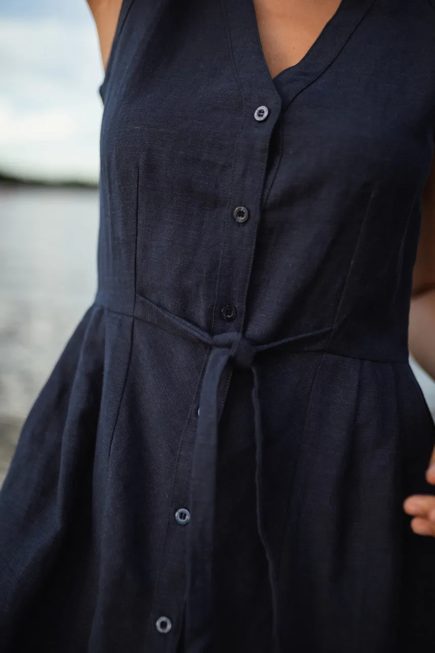 June Dress Sleeveless in Navy Linen Made to Order