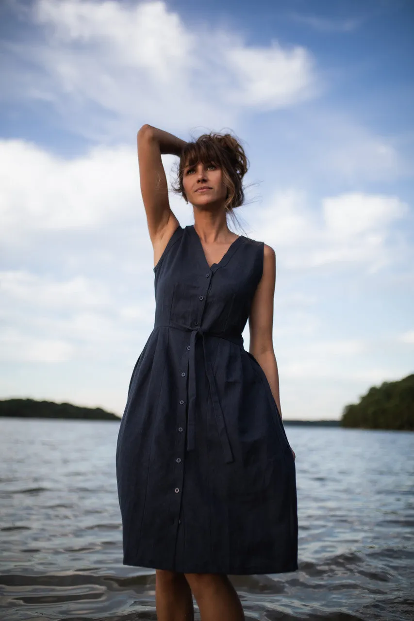 June Dress Sleeveless in Navy Linen Made to Order