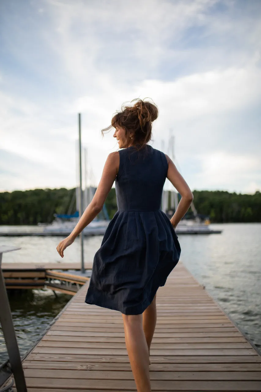 June Dress Sleeveless in Navy Linen Made to Order