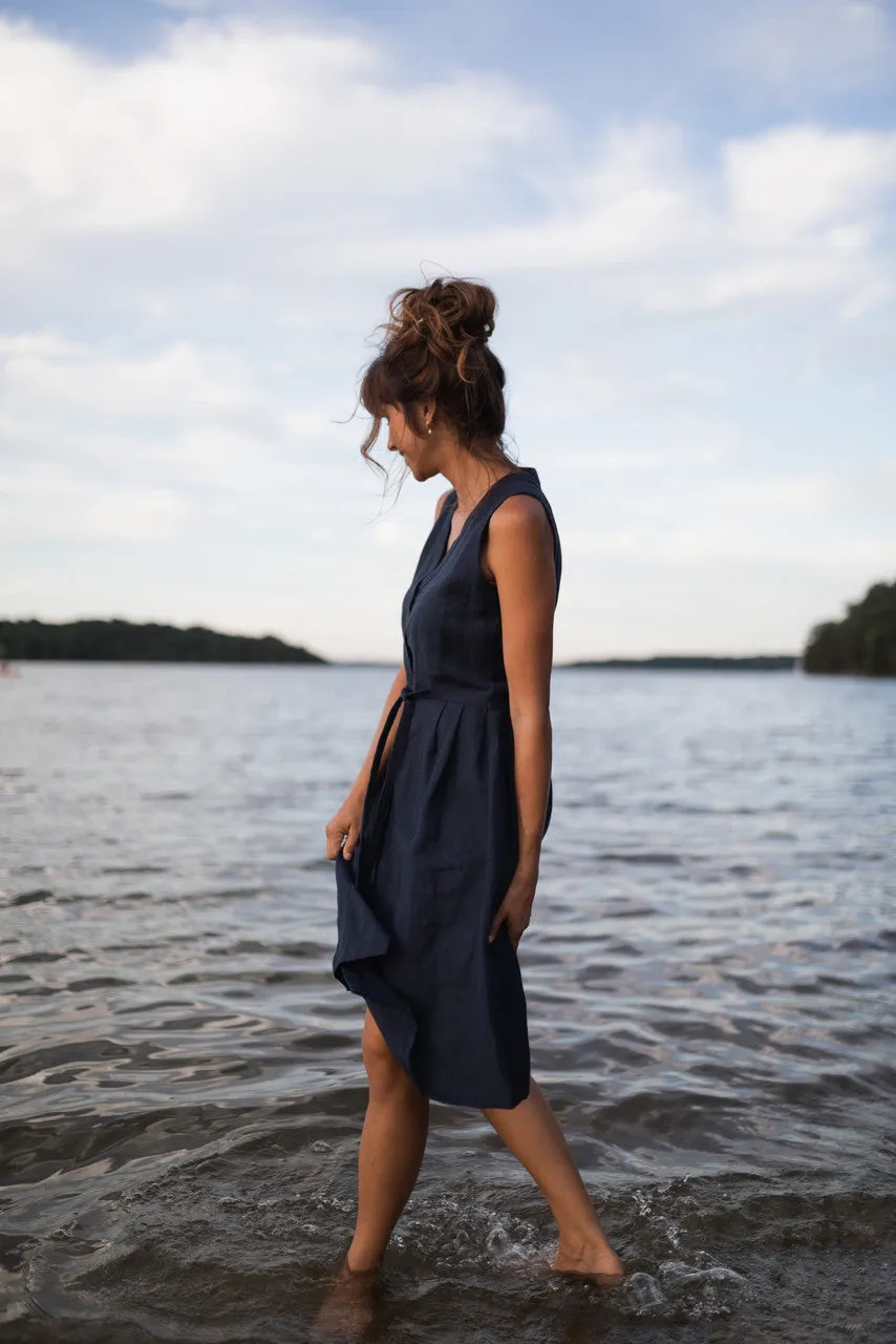 June Dress Sleeveless in Navy Linen Made to Order