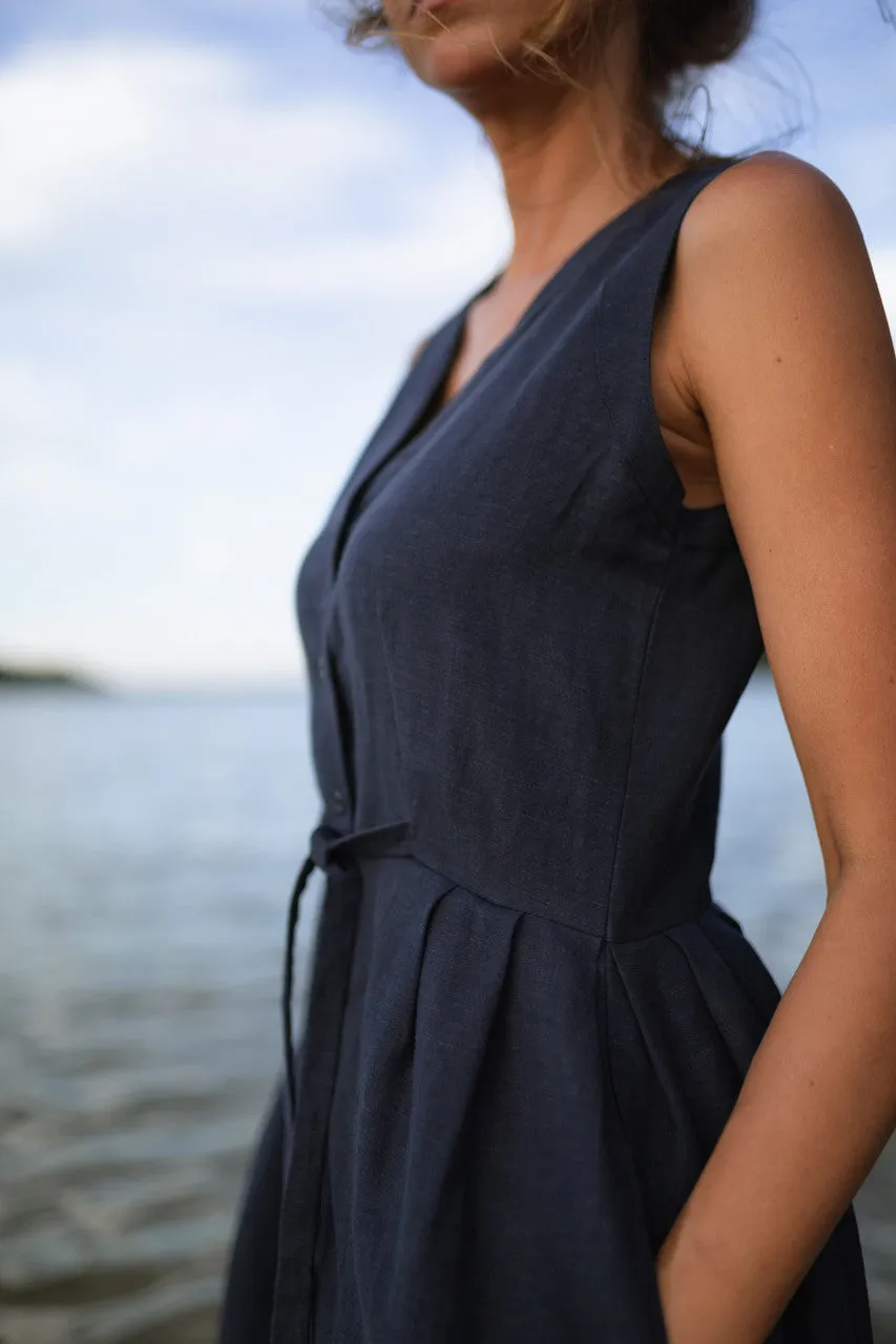 June Dress Sleeveless in Navy Linen Made to Order