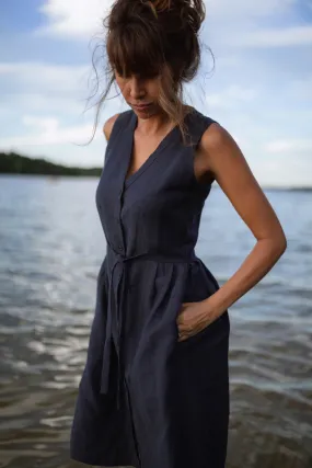 June Dress Sleeveless in Navy Linen Made to Order