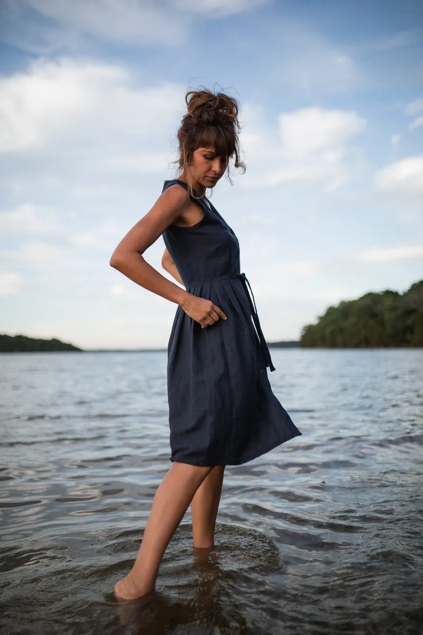 June Dress Sleeveless in Navy Linen Made to Order