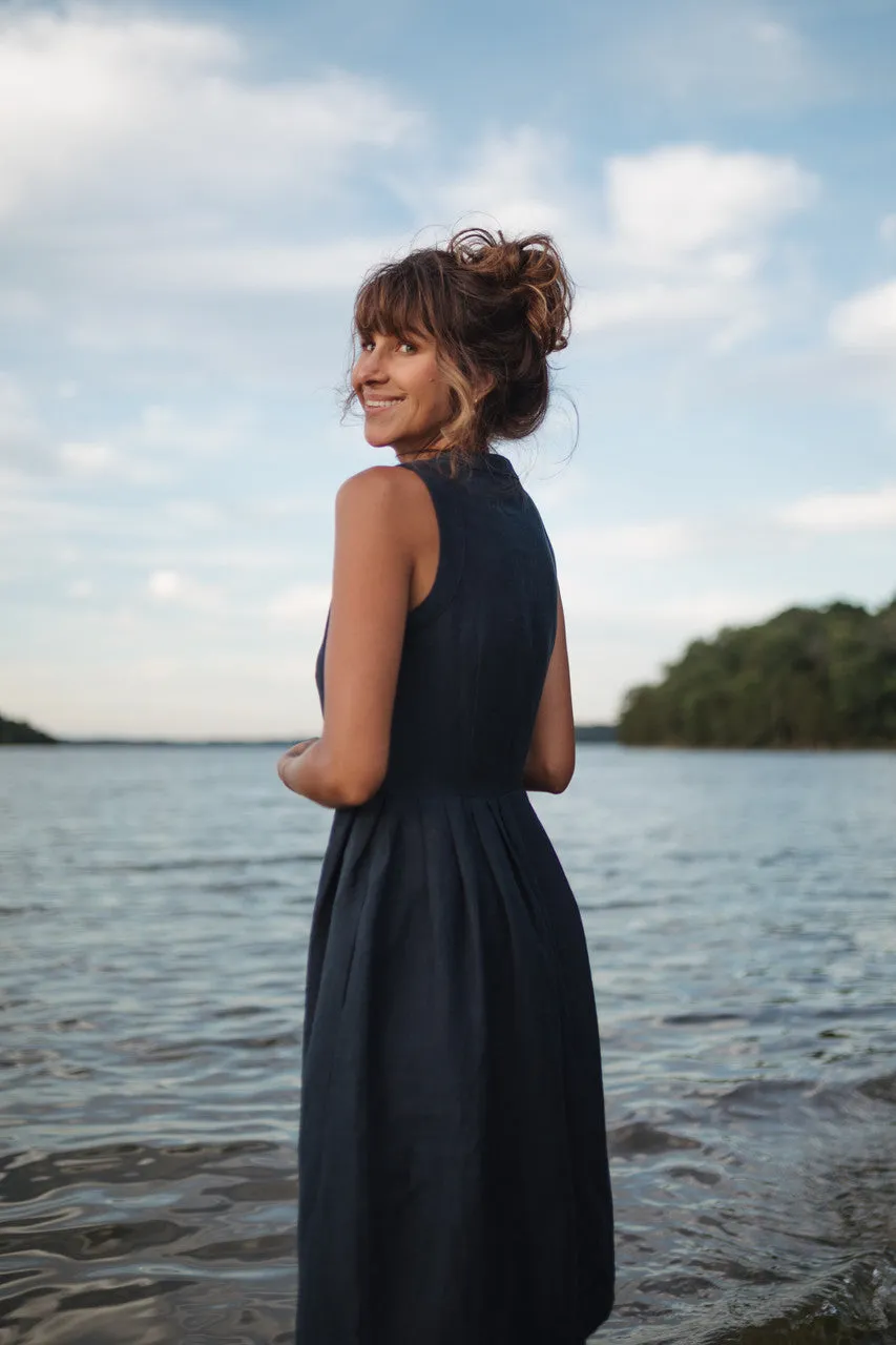 June Dress Sleeveless in Navy Linen Made to Order