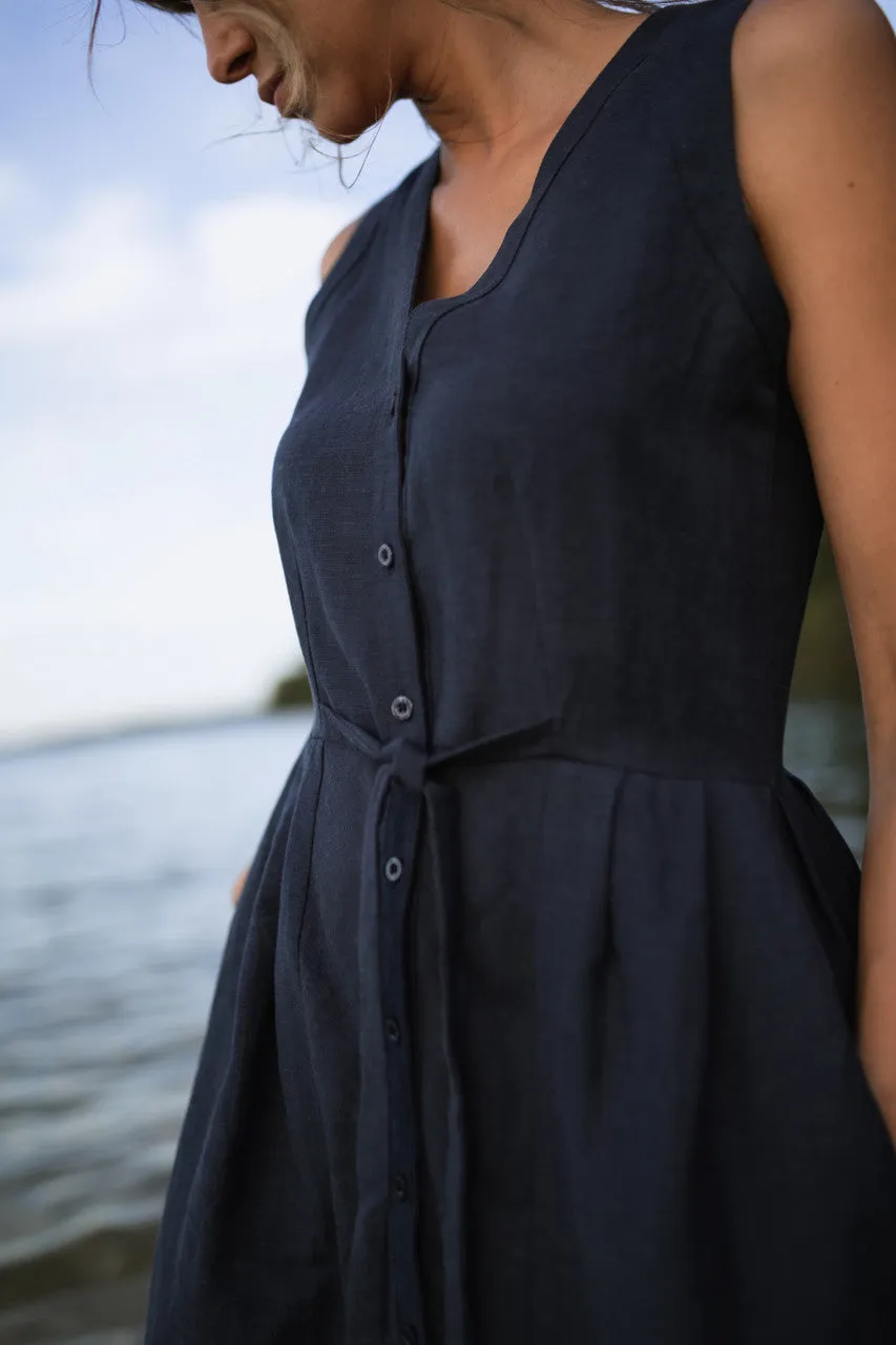 June Dress Sleeveless in Navy Linen Made to Order