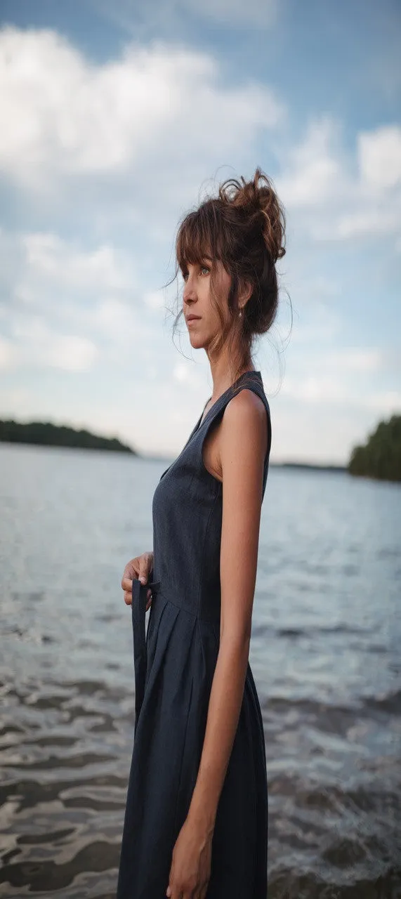June Dress Sleeveless in Navy Linen Made to Order