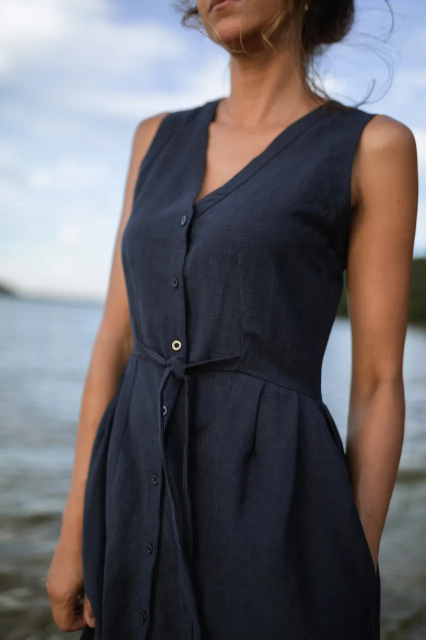 June Dress Sleeveless in Navy Linen Made to Order