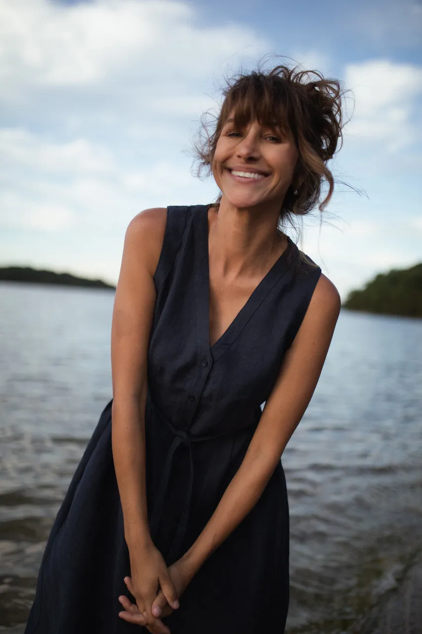June Dress Sleeveless in Navy Linen Made to Order