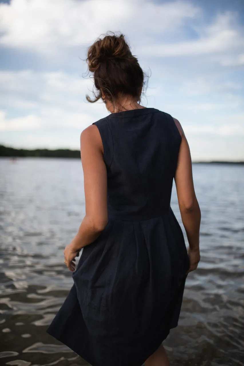 June Dress Sleeveless in Navy Linen Made to Order