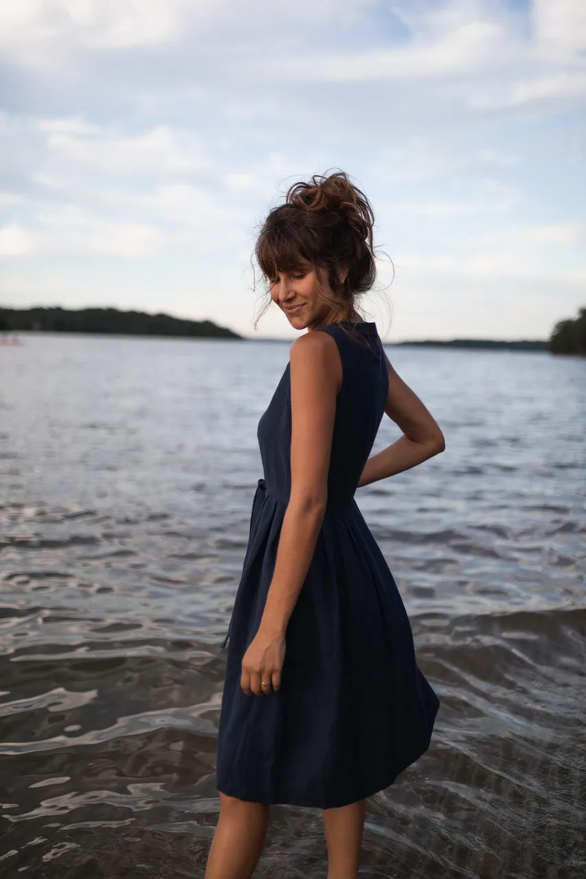 June Dress Sleeveless in Navy Linen Made to Order