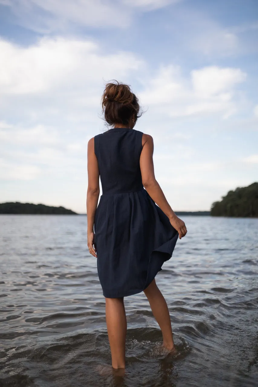 June Dress Sleeveless in Navy Linen Made to Order