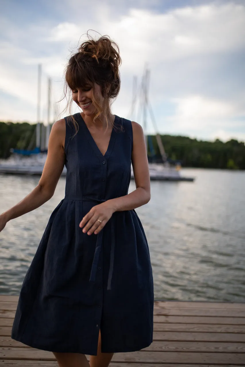 June Dress Sleeveless in Navy Linen Made to Order