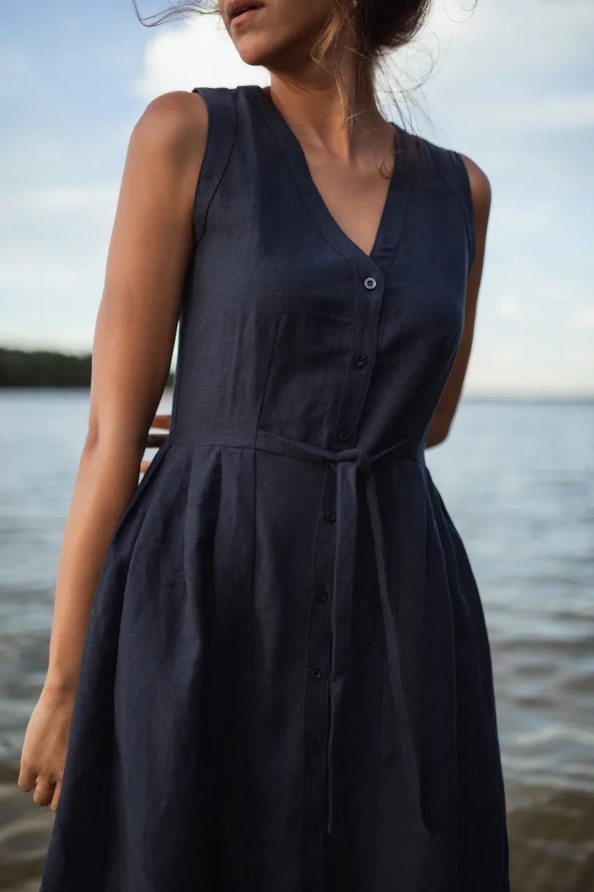June Dress Sleeveless in Navy Linen Made to Order