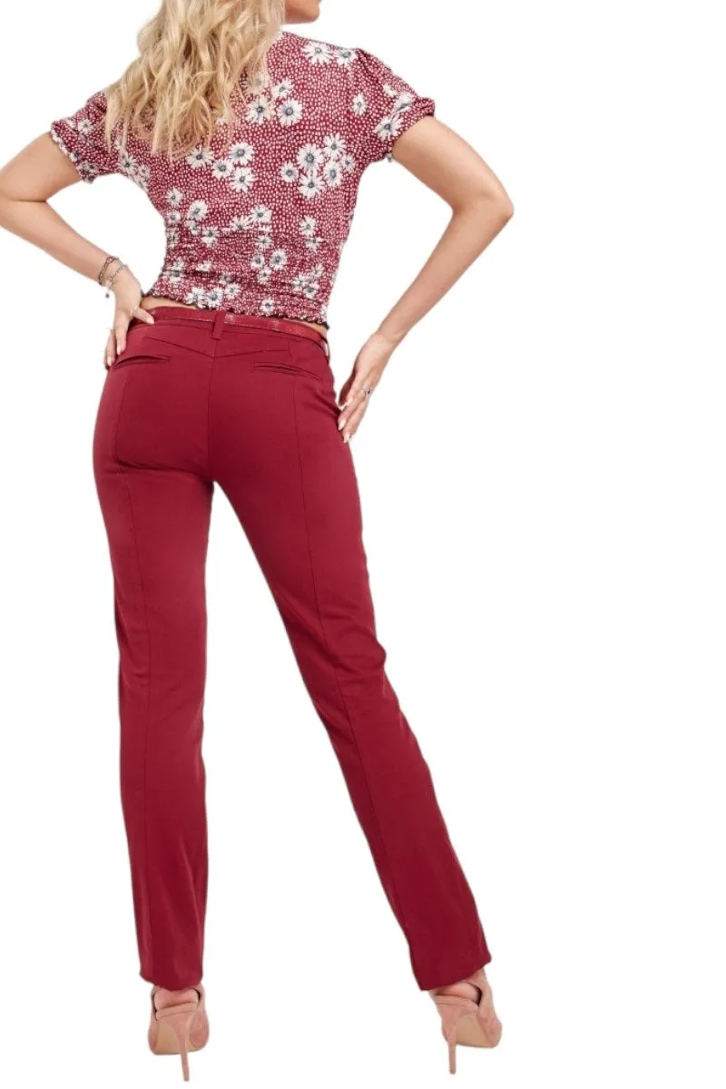 Ladies Wine Belted Skinny Fit Soft Cotton Rich Stretchy Mid Rise Trouser