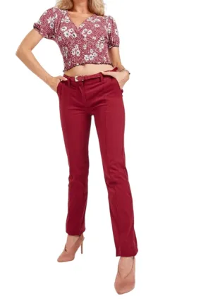 Ladies Wine Belted Skinny Fit Soft Cotton Rich Stretchy Mid Rise Trouser