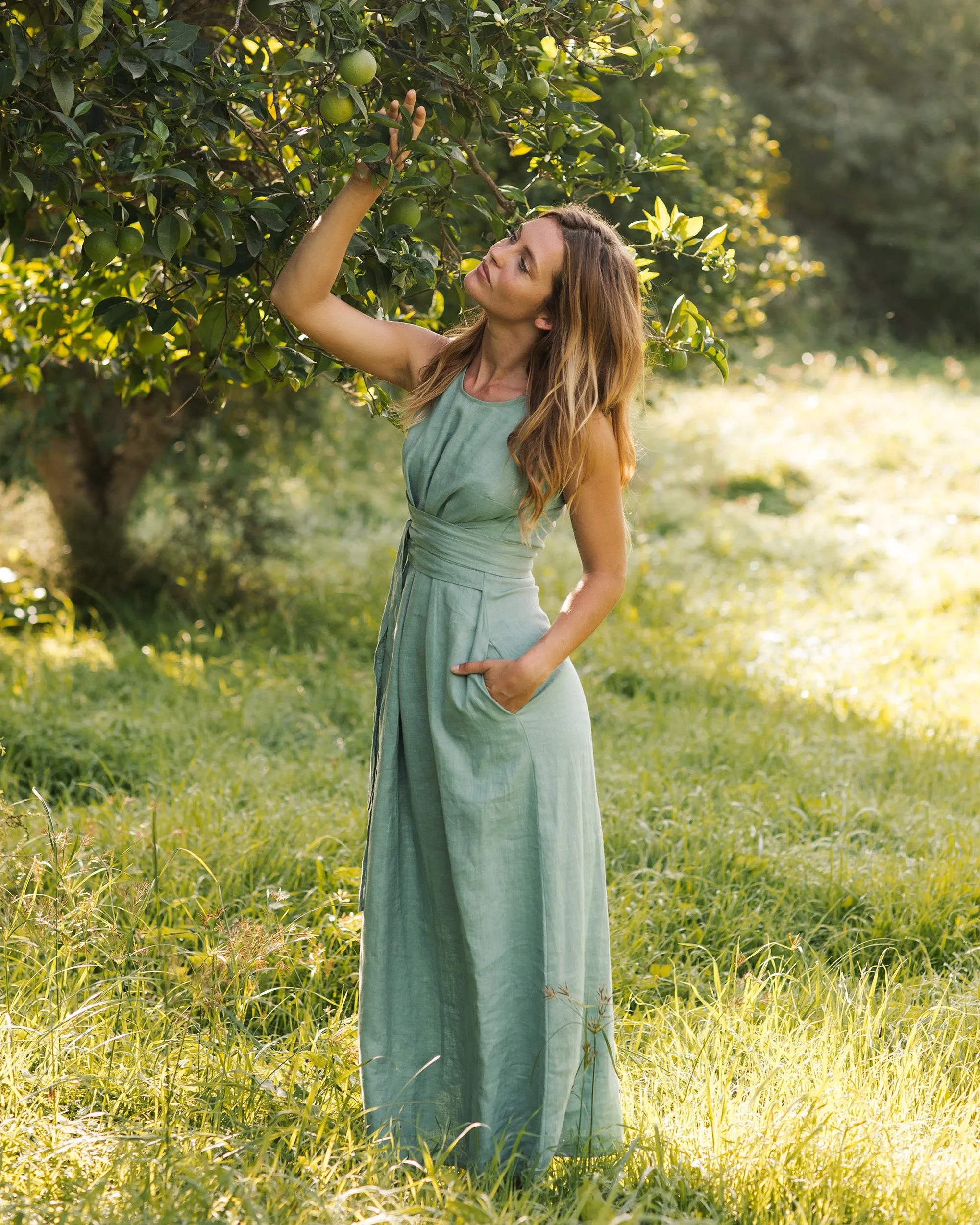 Long linen dress BORACAY in Teal blue