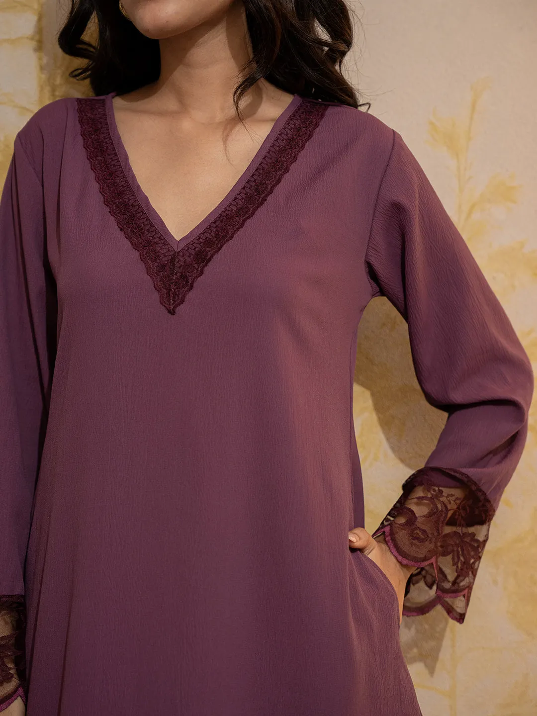 Mauve Purple Soft Crepe V-Neck Midi Night Gown
