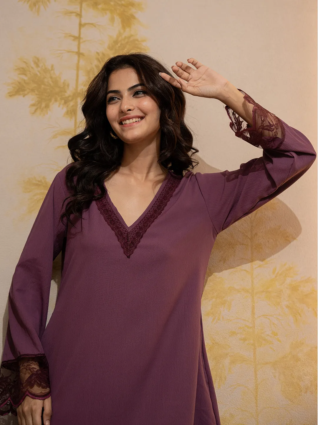 Mauve Purple Soft Crepe V-Neck Midi Night Gown