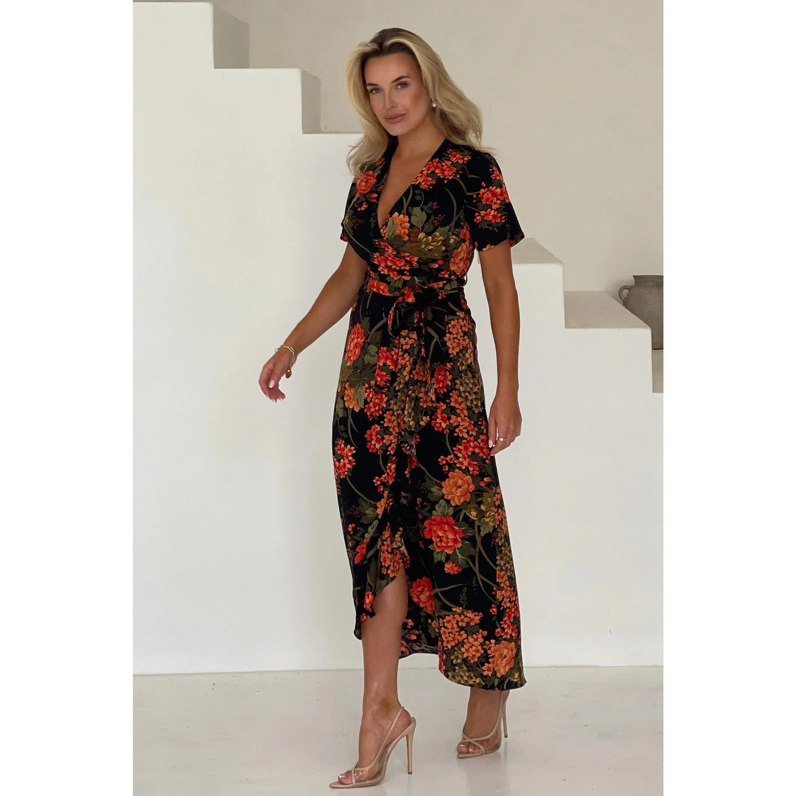 Multicoloured Autumn Brown Floral Tea Dress With Angel Sleeves & Split Frill Hem