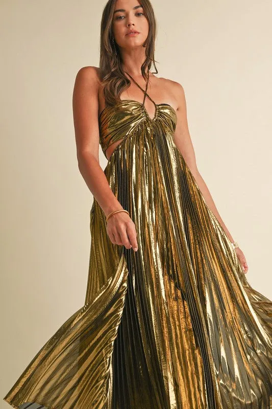 NEWEST ARRIVAL Gold/Black Pleated Maxi Dress