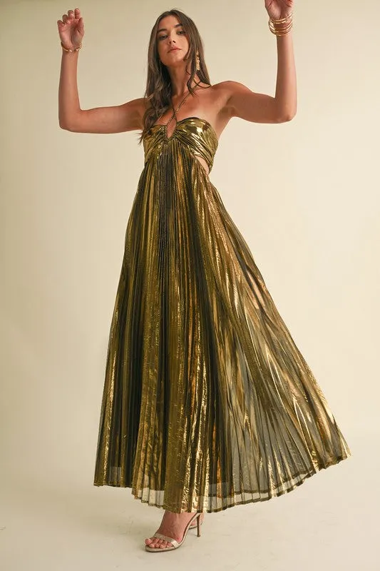 NEWEST ARRIVAL Gold/Black Pleated Maxi Dress