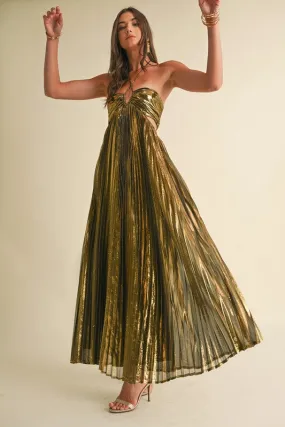 NEWEST ARRIVAL Gold/Black Pleated Maxi Dress