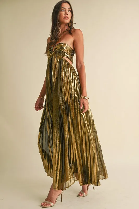 NEWEST ARRIVAL Gold/Black Pleated Maxi Dress